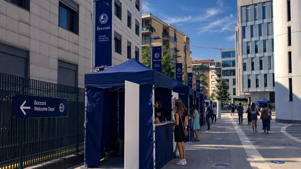 Association stands under blue gazebos along a Bocconi campus walkway during Welcome Days, with students visiting them.