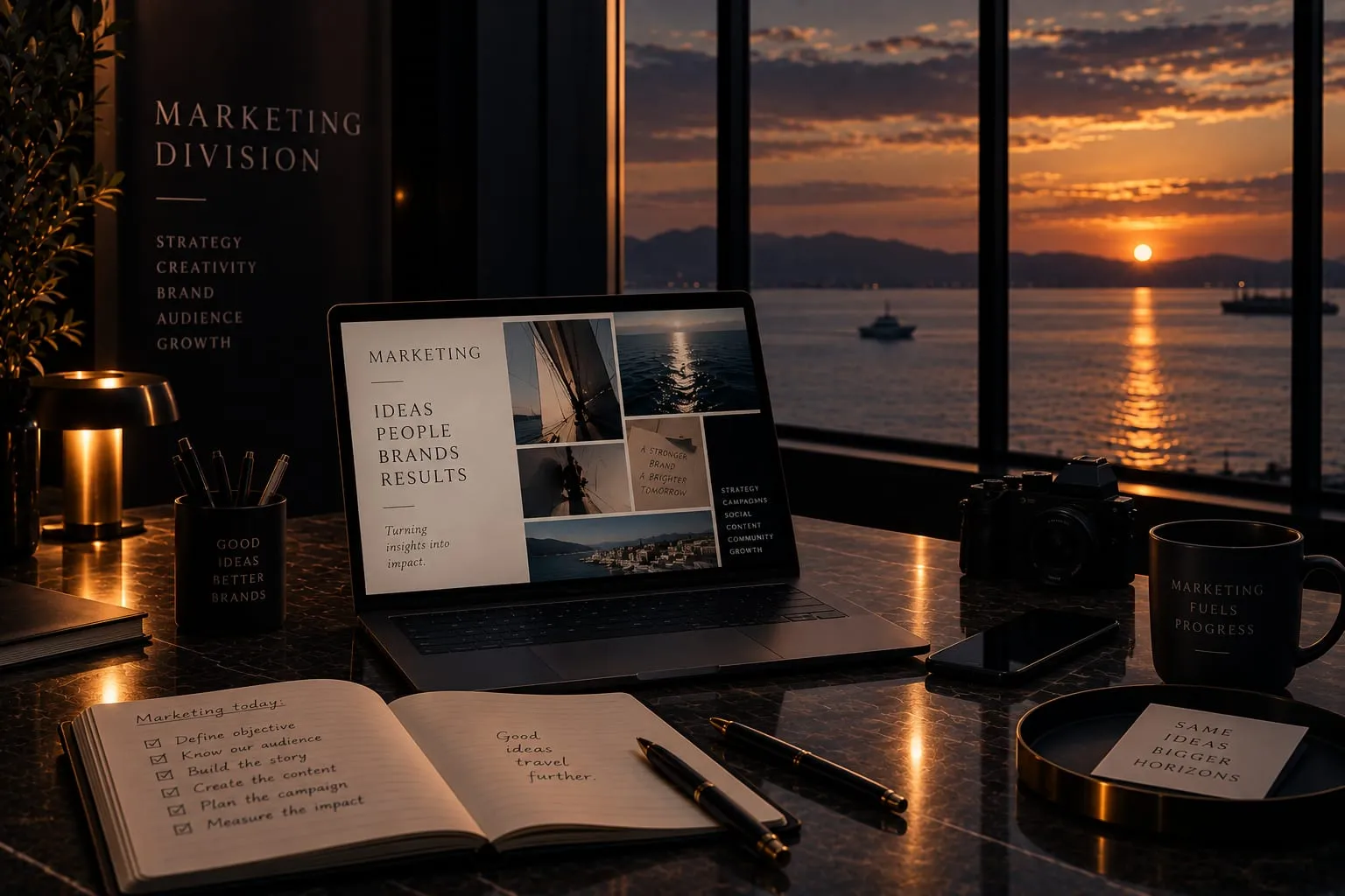 A laptop displaying a marketing mood board beside a 'Marketing Division' branded poster, a camera and a notebook, with a sunset harbour view beyond.